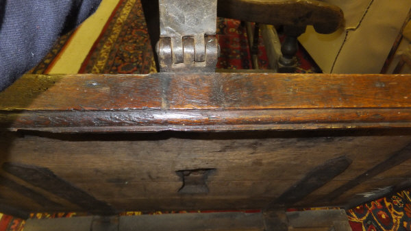 An oak strong box with iron embellishments and fixed iron handles, heavy padlock and key,80 cm x - Image 18 of 20
