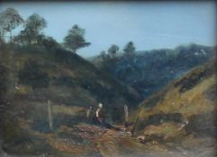 JOHANN BERNHARD KLOMBECK (1815-1893) "Rural pathway amongst hills with figures in foreground", oil