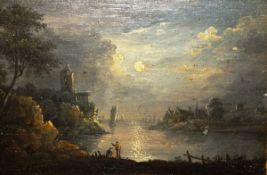 AERT VAN DER NEER (1603 - 1677) "Moonlit river landscape with two figures in foreground", oil on