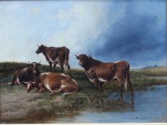 A FOLLOWER OF THOMAS SIDNEY COOPER RA (1803-1902) "Bull and three cows by water's edge", oil on