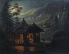 WILLEM THANS (1816-1874) "Moonlight in the mountains", with figures and animals in barn in