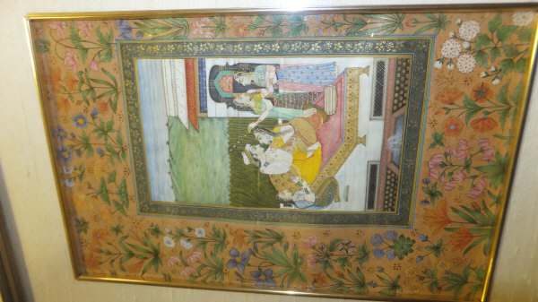 19TH CENTURY MOGHUL SCHOOL "Two lovers on a daybed in a courtyard with attendants", within an - Image 3 of 11