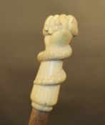 A Victorian ivory handled cane decorated with fist holding a serpent, 91.5 cm length.