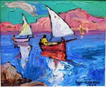 DIONIS BENNÁSSAR (1904-1967) "Felices navidades y prospero ano nuevo", two sailing dinghies under