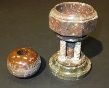 A serpentine marble miniature font, the central pedestal flanked by four pillars raised on