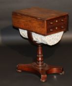A William IV mahogany Pembroke style drop leaf work table with two end drawers and work basket on