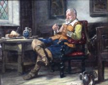 CIRCA 1900 ENGLISH SCHOOL "Roundhead soldier smoking a clay pipe in an interior", oil on canvas,