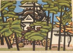 AFTER HASHIMOTO OKIIE (1899-1993)  "Temple behind pine trees", wood cut in colours, artist's