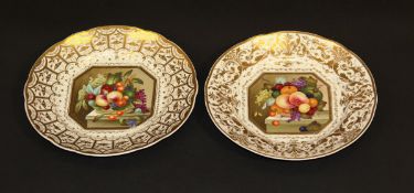 A pair of 19th Century English cabinet plates, the centre fields decorated with still life studies