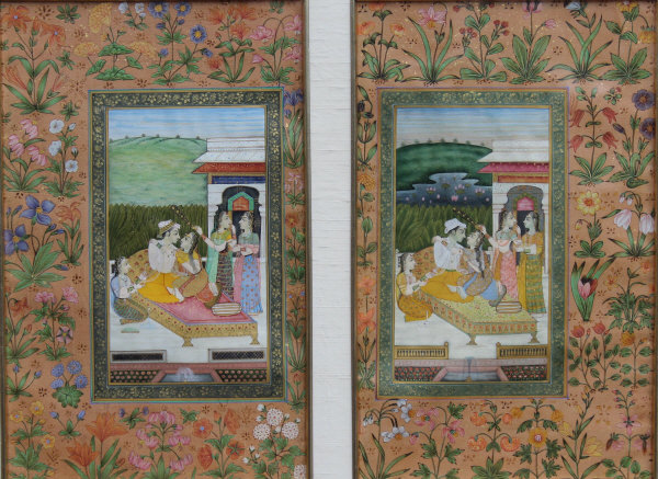 19TH CENTURY MOGHUL SCHOOL "Two lovers on a daybed in a courtyard with attendants", within an