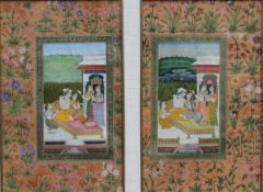 19TH CENTURY MOGHUL SCHOOL "Two lovers on a daybed in a courtyard with attendants", within an