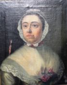 18TH CENTURY ENGLISH SCHOOL "Lady in lace-trimmed dress, a spray of roses at her breast", portrait