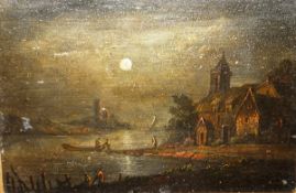 AERT VAN DER NEER  (1603-1677) "Moonlit river landscape with figures in a punt in foreground, a