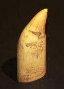 A 19th century American carved whales tooth Scrimshaw decorated with three mastered battle ship,