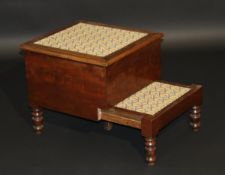 A Victorian mahogany box seat commode/bed steps with fabric covered surface, raised on turned and