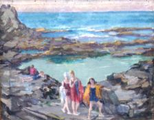 IN THE MANNER OF FRANCIS CAMPBELL BOILEAU CADELL (1883-1937) "Rocky beach scene with three figures