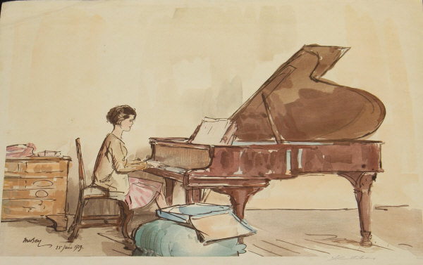 AFTER YOSHIJURO URUSHIBARA (1888-1953) "Young girl at the piano 25th June 1929", wood cut in colours