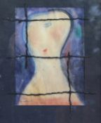 ZAZA TUSCHMALISCHVILI (b 1960)_ "Gefangene Liebe", a head study, pencil, watercolour with stringwork