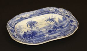 A Spode blue and white "Indian Sporting Series - Hunting a Buffalo" pattern rectangular serving