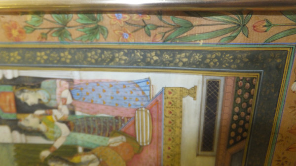 19TH CENTURY MOGHUL SCHOOL "Two lovers on a daybed in a courtyard with attendants", within an - Image 11 of 11