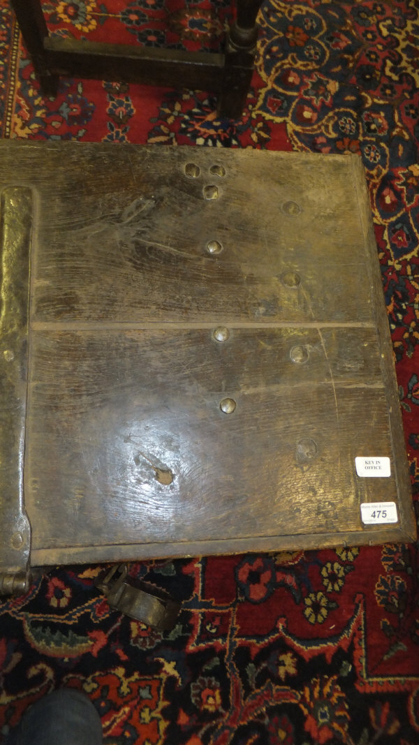 An oak strong box with iron embellishments and fixed iron handles, heavy padlock and key,80 cm x - Image 15 of 20