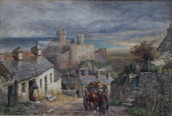 CHARLES JAMES ADAMS (1859-1931) "Harlech Castle, Wales", a study with figures and horse and cart