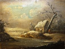 AERT VAN DER NEER  (1603-1677) "Winter river landscape with figure by cottage", oil on card,