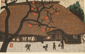 AFTER KIYOSHI SAITO (1907-1992) "Autumn in Aizu", figures in front of buildings, wood cut in
