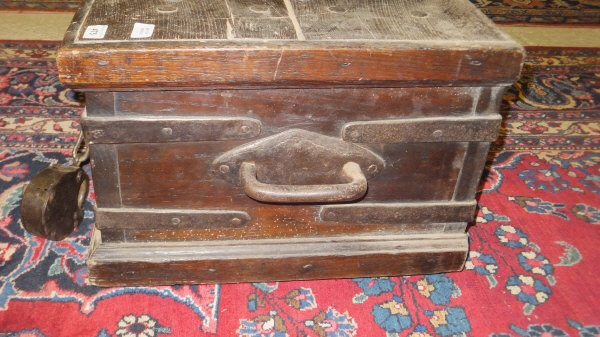 An oak strong box with iron embellishments and fixed iron handles, heavy padlock and key,80 cm x - Image 11 of 20