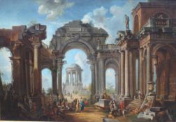 CAROLINE RAGONEAU AFTER PANINI "Figures amongst Classical ruins", oil on canvas, signed and dated
