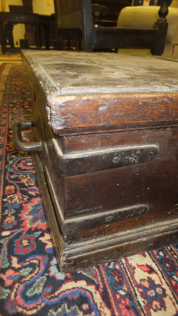 An oak strong box with iron embellishments and fixed iron handles, heavy padlock and key,80 cm x - Image 16 of 20