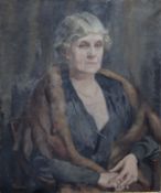 THORBURN "Lady with fur wrap and pearl necklace and black dress seated", portrait study, half