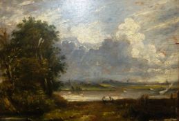 A FOLLOWER OF JOHN CONSTABLE "View on the River Stour Suffolk 1821", a river landscape with