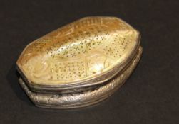 A 19th Century Continental white metal and mother of pearl mounted trinket box, the hinged lid
