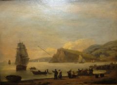 THOMAS LUNY (1759-1837) "Fisherfolk pulling nets to the beach with various sailing vessels along the