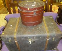 A painted tin hat box, together with a leather covered and wooden bound trunk   CONDITION REPORTS