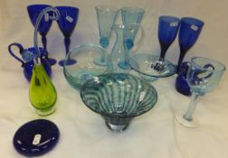 Four Bristol blue glass wine glasses, two Bristol blue glass jugs and Bristol blue glass paperweight