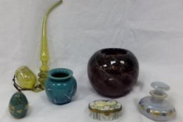 A Nailsea glass pipe, an aubergine ground Murano style glass bowl, glass scent bottle, one other
