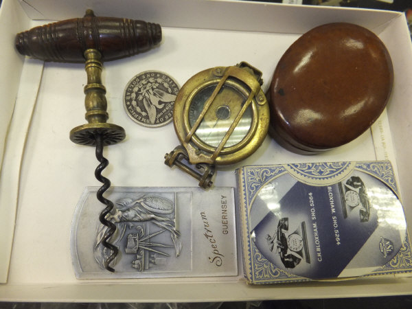 A box of sundry items to include 19th Century corkscrew, marching compass, a medallion inscribed " - Image 3 of 4