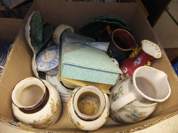 Three boxes of various English and European chinawares to include majolica jug, green leaf plates, - Image 4 of 4