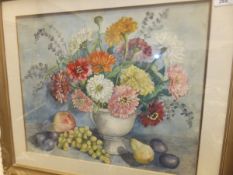 C TAYLOR "Flowers in a vase with fruit on a ledge", watercolour, signed bottom right, together
