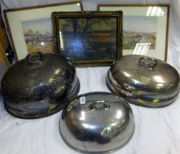 A collection of three plated food domes, together with two hunting prints and a further oil on board