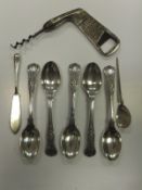 A set of five Georgian silver teaspoons, together with a silver butter knife and a further silver