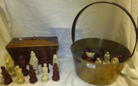 A brass preserve pan, a mahogany sarcophagus shaped tea caddy and unique prototype resinous chess