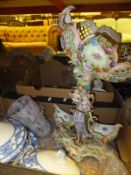 Two boxes of various china to include Continental floral encrusted centrepiece, tureens, lampshades,