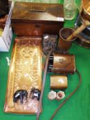 A mahogany sarcophagus shaped tea caddy with part fitted interior,  a copper Newlyn style tray, a