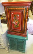 A Far Eastern turquoise painted two door cabinet on bracket feet, together with a single door red