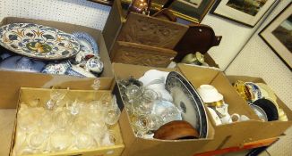 Six boxes of sundry glassware, china and ornamental wares, a Lloyd Loom linen basket, various