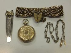 A 9 carat gold bracelet, 9 carat gold necklace, a 15 carat gold cased pocket watch, the white enamel