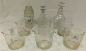 A set of six 19th Century clear glass rinsers and a textured glass cocktail shaker and two glass